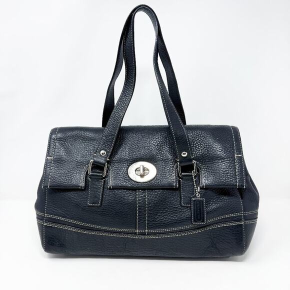 Coach Black Pebbled Leather Shoulder Bag Flap/Turnlock Closure Logo Charm Detail - Picture 1 of 8